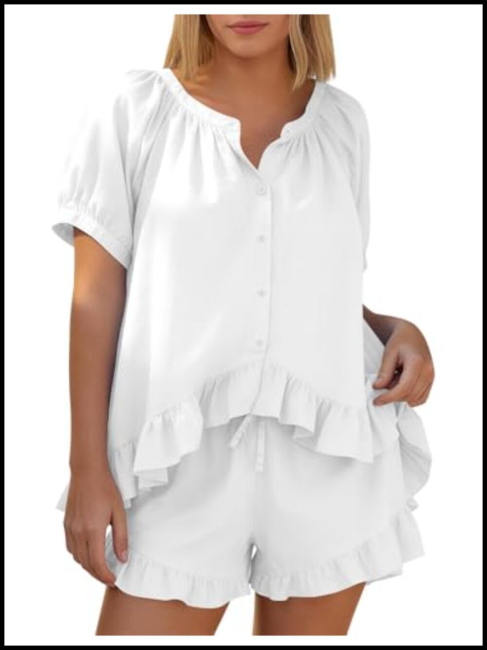 2 Piece Cotton Pajama Set Ruffle Shorts Sleepwear